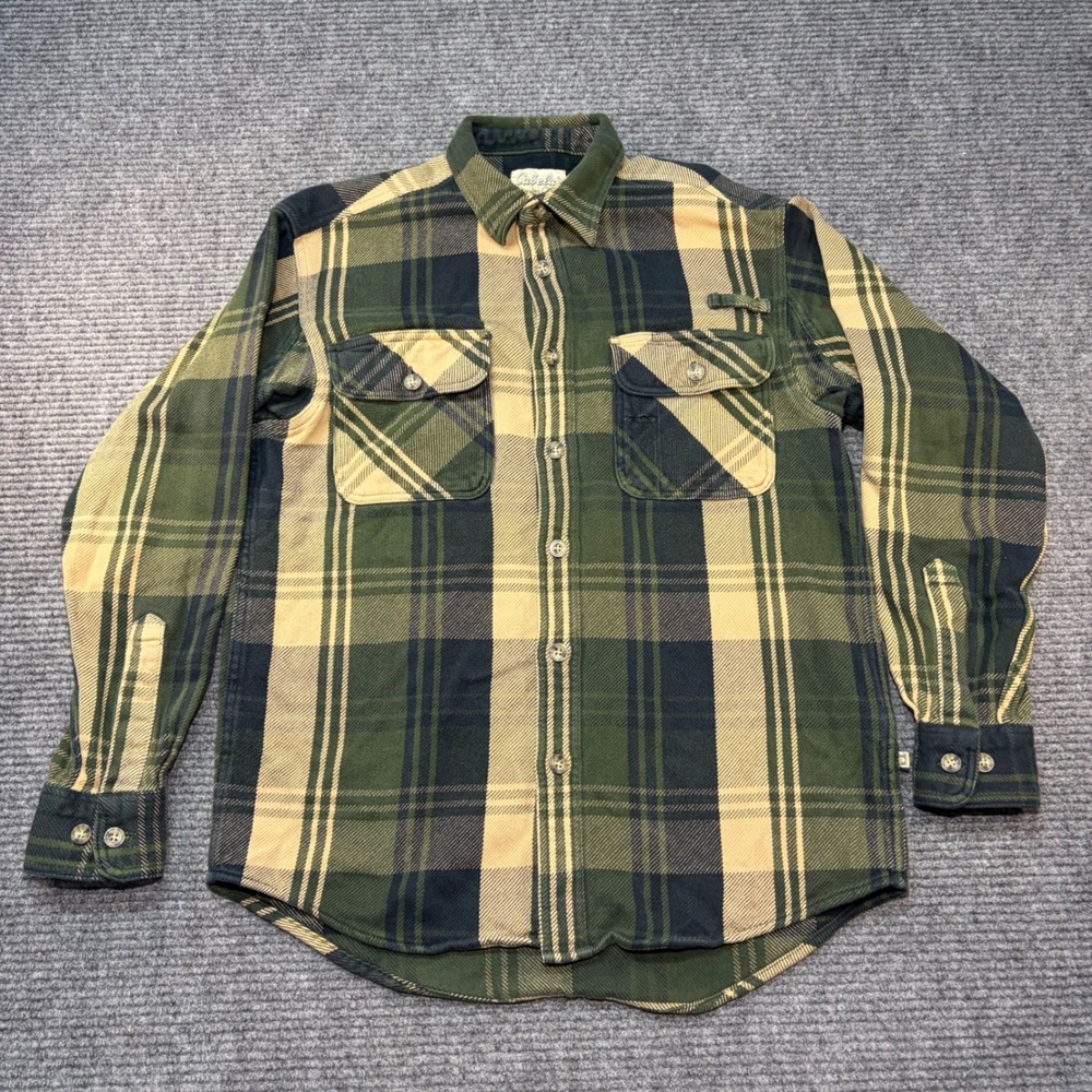 Cabelas Roughneck Flannel Shirt‎ Mens Medium Green Tan Plaid Cotton 90-5857